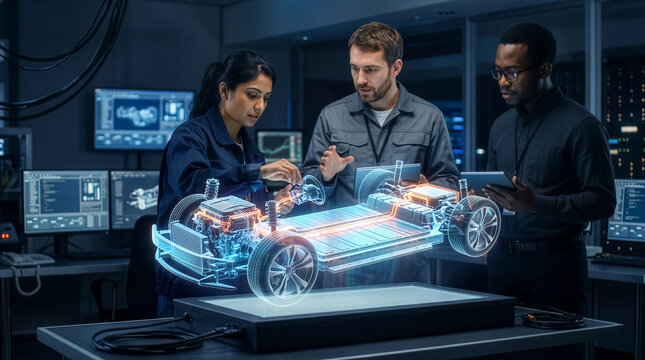 Three People Examining Advanced Robotic Machine in Dark Futuristic Workshop Setting