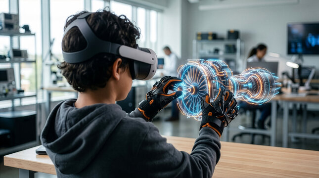 Young Pupil Interacting With Virtual Interface in Modern Educational Space