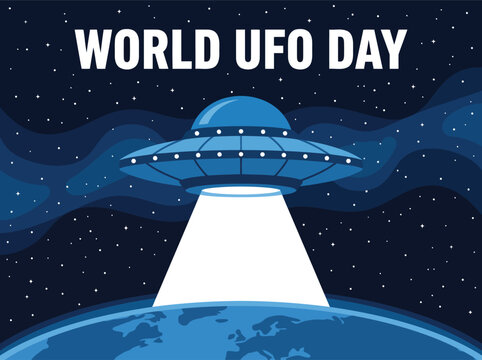 Blue Flying Saucer UFO Emitting Light Beam Over Earth Planet in Starry Space Background for World UFO Day Celebration Poster Illustration