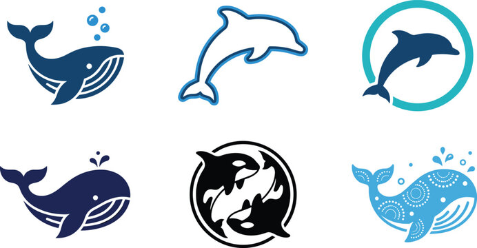 Marine Whale Dolphin and Orca Logo Collection Featuring Modern Ocean Animal Vector Mascot Designs