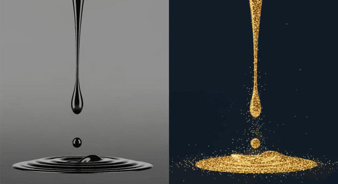 Side-by-side comparison of a black viscous oil drop falling into a liquid pool with ripples and a golden glitter particle version of the same splash on a dark background.