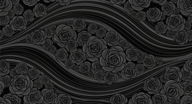 Seamless dark grey and black monochrome rose pattern featuring detailed vector flower blooms and flowing wavy line textures for an elegant gothic floral background.