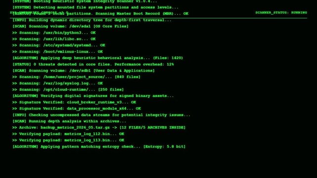 Linux Command Line Server Scanning Interface Displaying Deep Heuristic Behavioral Analysis and Automated System Health Confirmation Log.