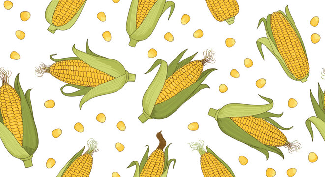 Seamless background pattern featuring many ripe yellow corn on the cob with green husks and scattered individual kernels.