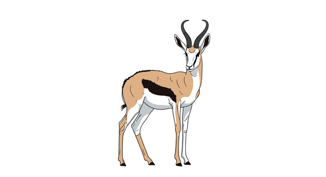 Detailed illustration of a springbok antelope standing gracefully with its characteristic horns and facial markings in a profile view.