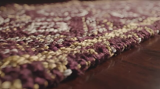 Closeup of a textured rug with intricate patterns and vibrant colors.