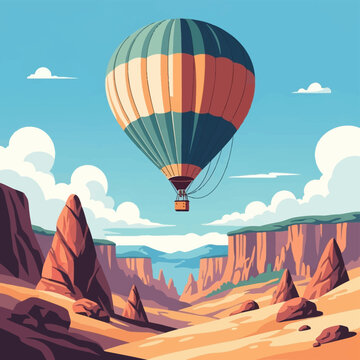 Flat vector illustration of a teal and orange striped hot air balloon flying over a desert canyon landscape with red rock formations, mesas, and pillars under a clear blue sky.