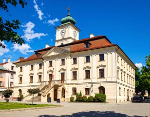 Fototapeta premium A classic, stately building with a clock tower under a blue sky, featuring a grand staircase and architectural details