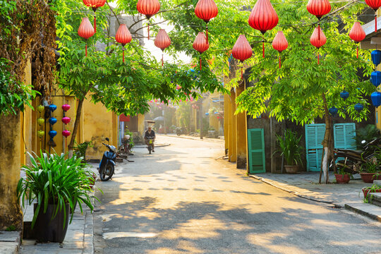 Amazing cozy street decorated with silk lanterns, Vietnam