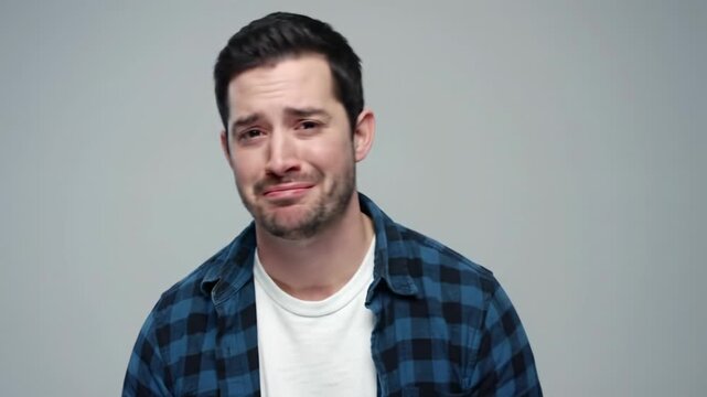 young caucasian man in plaid, jeans, slowly lowers gaze to camera, expression shifts to profound sadness on light grey studio background. Concept of deep sorrow