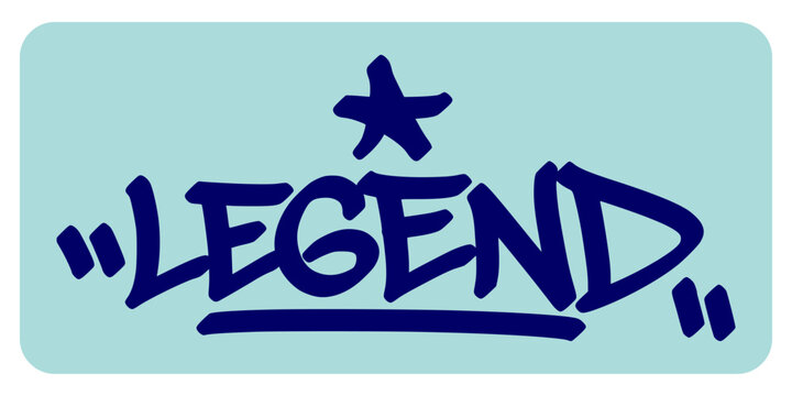 Dark blue legend graffiti tag lettering featuring prominent star decoration graphic element. Coastal ocean typography design for creative summer youth apparel, traveler merchandise, and custom sticker