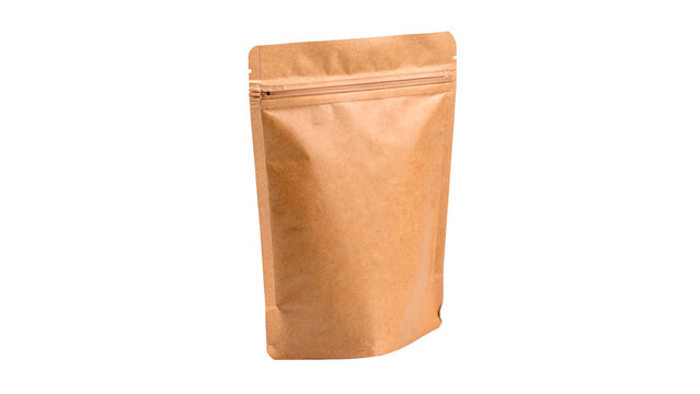 A blank brown kraft paper doypack pouch bag mockup packaging container for snacks isolated on transparent background