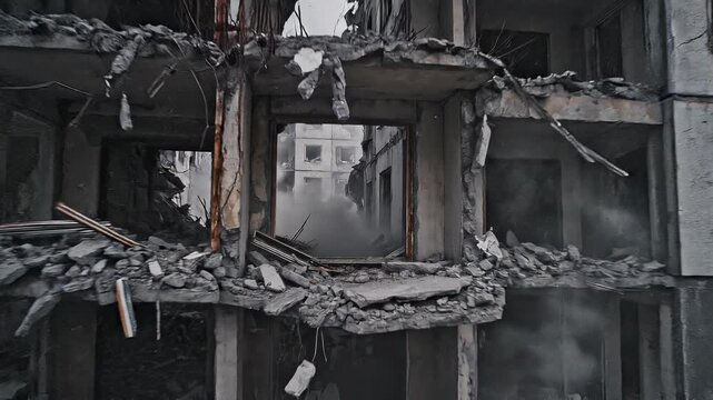 Destroyed Apartment Building in War Torn Urban Landscape