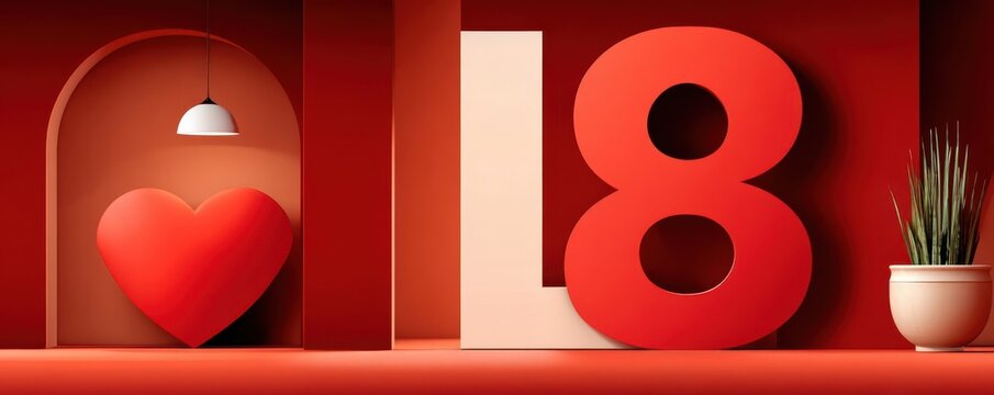 Romantic red interior with large heart sculpture and bold number 8 display for Valentine decor