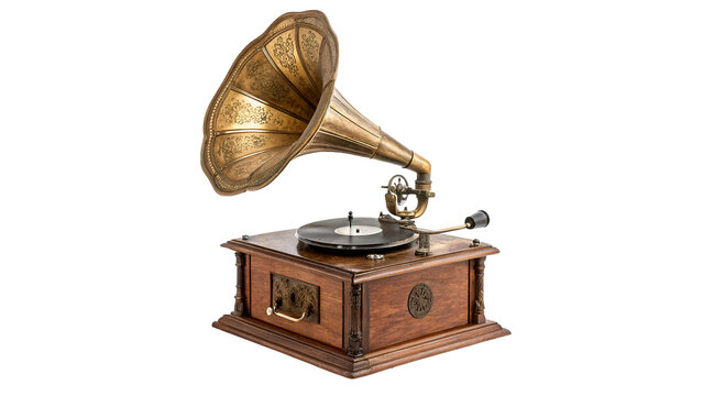 An antique vintage wooden gramophone phonograph record player device with a golden brass horn isolated on transparent background