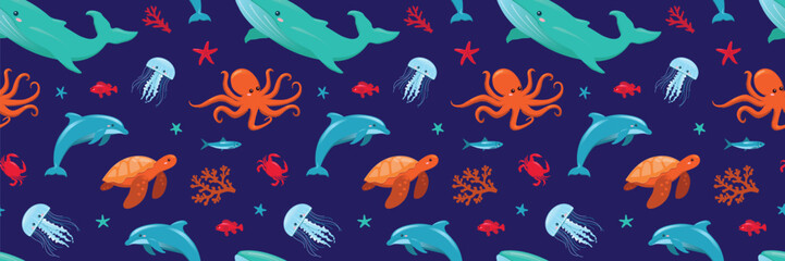 Fototapeta premium Seamless pattern on dark blue, cute Sea animals marine life vector illustration with whale, octopus, dolphin and turtle, colorful ocean underwater creatures background for kids fabric