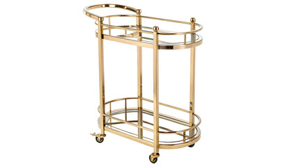 A luxury modern golden metallic round serving bar cart trolley utility table furniture isolated on transparent background © Hanna