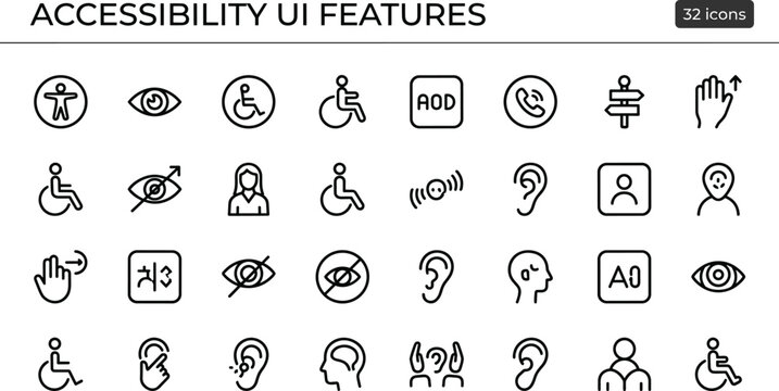 Accessibility UI Features Icon Set With Disability Support Vision Hearing Mobility Controls And Inclusive Interface Symbols