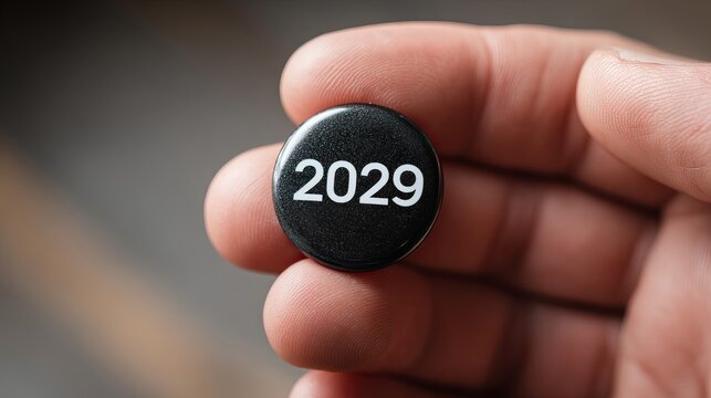 A hand holding a small black button with the year 2029 printed on it