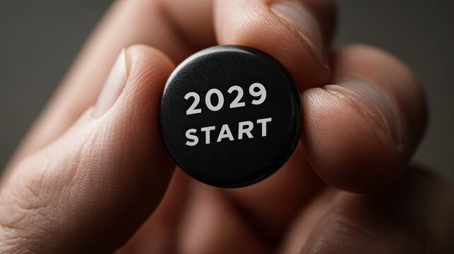 A hand holding a black button with the text 2029 start