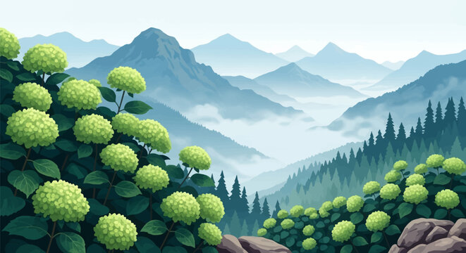 Vector illustration of lime green hydrangea bushes in bloom overlooking a misty blue mountain range with coniferous forests and fog in a scenic alpine valley landscape.