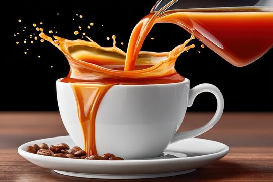 Hot coffee pouring into a white cup with dramatic splash and overflowing liquid on saucer