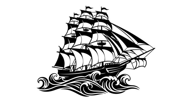 Majestic Tall Ship Sailing on Rough Seas Vector Illustration.