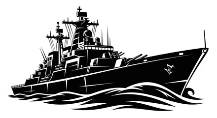 Powerful Naval Destroyer Warship Sailing on Ocean Waves Vector Illustration. © Nuer17
