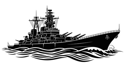 Powerful Battleship Sailing Through Waves Vector Illustration. © Nuer17