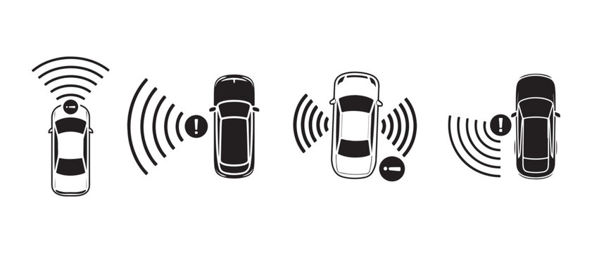 Top view of car parking sensor icons. showing distance warning signals and vehicle proximity detection technology.