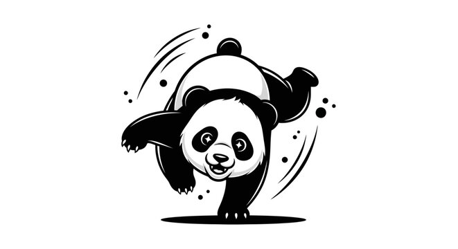 Playful Panda Handstand Black and White Illustration.