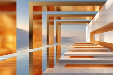Naklejka premium Golden arches and marble steps reflected in serene water in abstract modern architecture composition