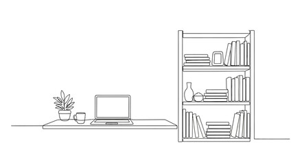 Fototapeta premium Minimalist Home Office with Bookshelf and Laptop - Line Art