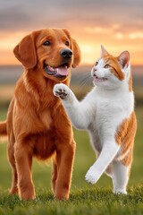Fototapeta premium Dog and cat playfully interacting in a sunset field — golden retriever and orange cat together