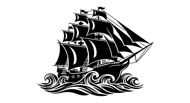 Vintage Tall Ship Sailing on Rough Ocean Waves.
