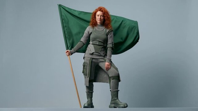 Woman with red hair proudly holds a green flag on a plain background. A determined woman with vibrant red hair stands confidently, holding a large green flag. A determined woman.