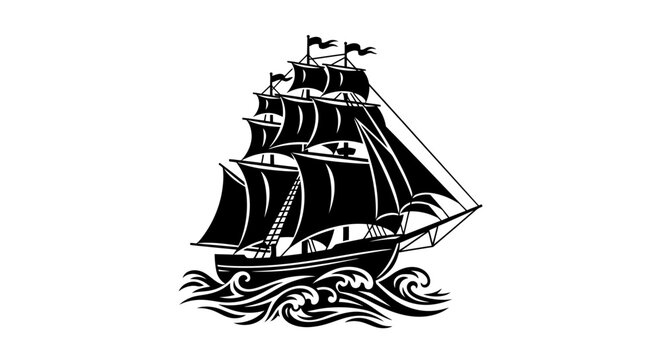 Vintage Tall Ship Sailing on Rough Seas Engraving Style.