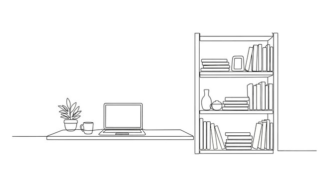 Minimalist Home Office with Bookshelf and Laptop - Line Art