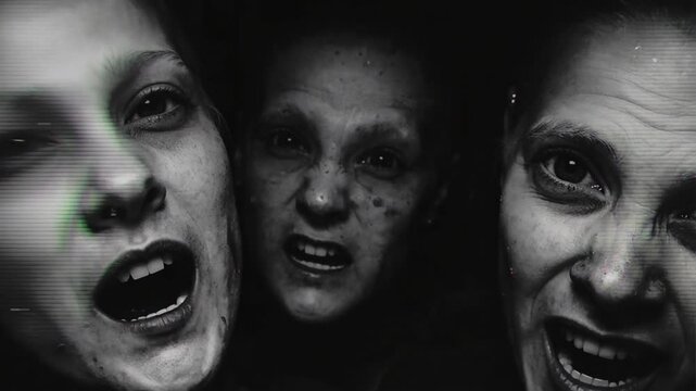 Disturbing close-up of multiple screaming faces with glitch effects. Intense, black and white footage captures the raw emotion of several faces contorted in screams