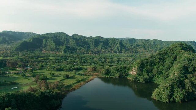 Greenery Mountain Ridges At Laguna La Maria In Colima, Mexico. Aerial Wide Shot