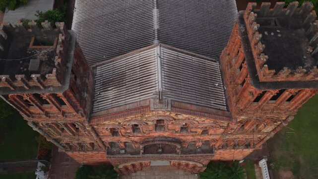 The Parroquia Nuestra Se&ntilde;ora de la Asunci&oacute;n de Ybaroty Franciscan Church In Villarrica, Paraguay. Aerial Tilt-up Shot