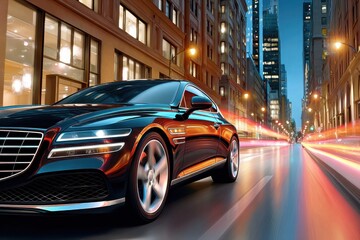 Fototapeta premium Luxury black sports car speeding through city street at night with motion blur and neon reflections
