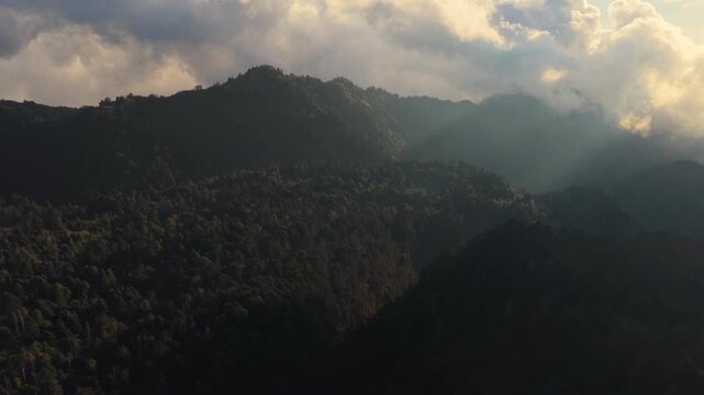 Sunbeams shining over the Nevado de Colima volcano national park forest in Mexico