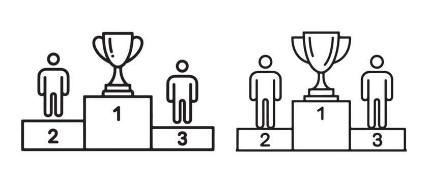 Winners podium with trophy cup and people icons showing first second and third place ranking.
