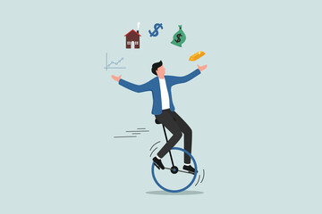 Financial advisor, professional investment expertise concept, smart businessman investor juggling finance asset, real estate, currency, gold, saving and stock market graph riding unicycle one wheel. © NASIH