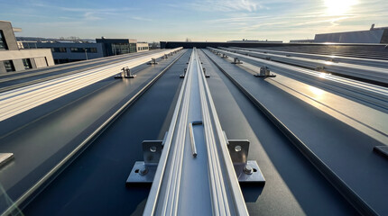 Obraz premium An architectural still life of newly mounted silver anodized support rails in rows. Raking afternoon light casts sharp shadows along dark metal valleys, showing immense depth.