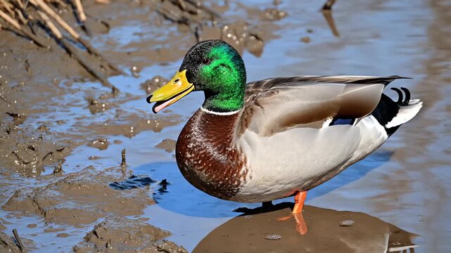 Mallard Duck Opening Its Beak in Shallow Muddy Water on a Sunny Day
