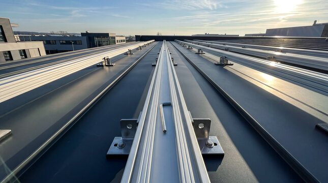 An architectural still life of newly mounted silver anodized support rails in rows. Raking afternoon light casts sharp shadows along dark metal valleys, showing immense depth.