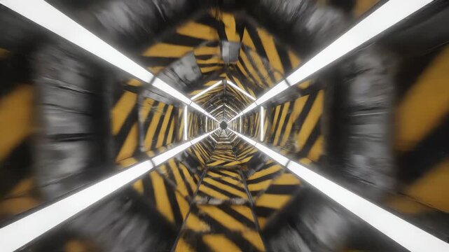 Tunnel of Abstract Caution Stripes with Bright Glowing Lights