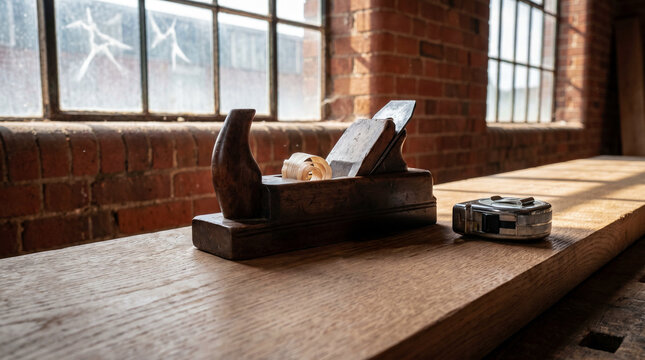 Cinematic still life of a classic pearwood hand plane resting on a massive oak plank. Backlighting reveals airborne dust and rich tool patina, an ode to the heritage of quiet luxury craft.
